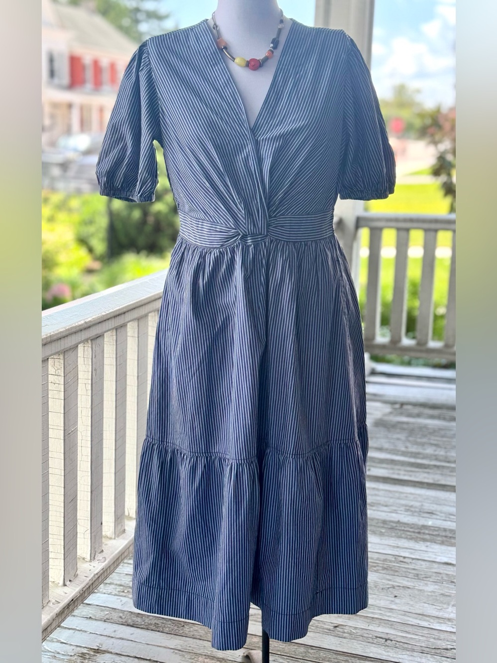 Striped Navy Midi Dress with V-Neck and mock tie waist